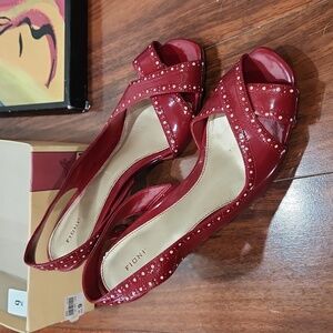 Ruby Red with accent faux leather cross strap heels